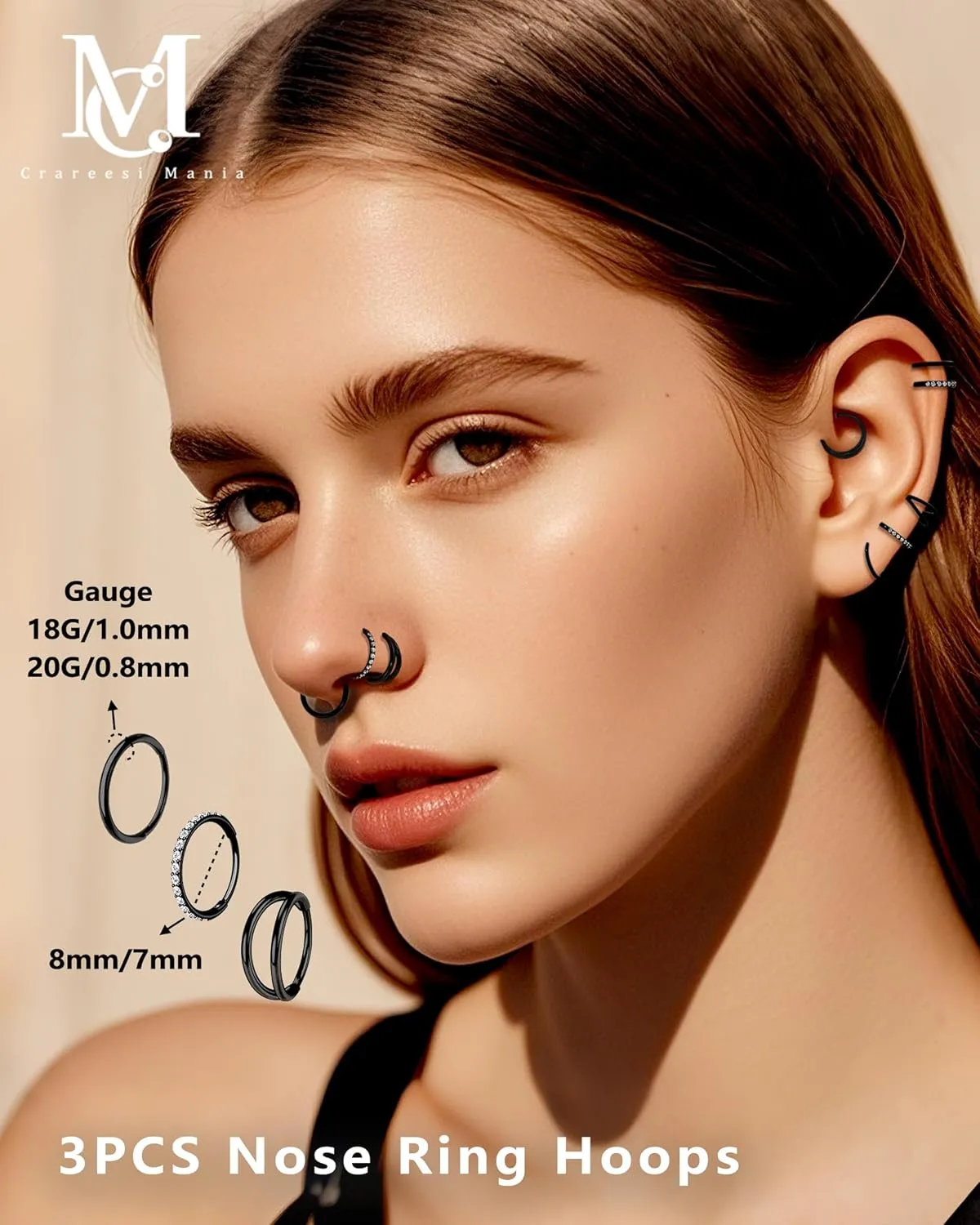 CM Crareesi Mania Nose Rings for Women 3PCS Nose Rings Hoops 316L Surgical Steel Double Hoop Nose Ring Septum Rings Earring Helix Daith Cartilage Tragus Conch Rook