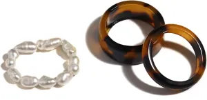 COLORFUL BLING 3Pcs/Set Fashion Acrylic Aottled Tortoise Leopard Textured Stacking Rings Vintage Resin Pearls Knuckle Rings for Women Punk Cool Jewelry