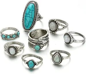 Colorful Gem Turquoise Opal Stackable Knuckle Ring Set for Women Vintage Bohemian Boho Jewelry