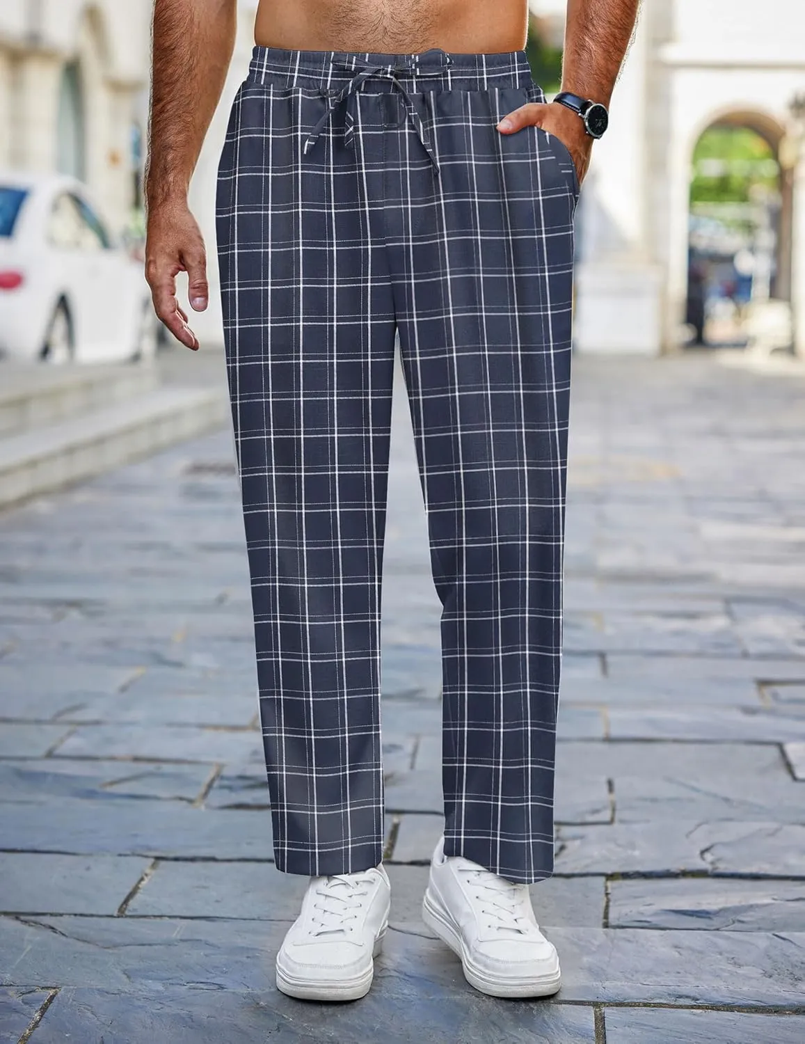 COOFANDY Mens Linen Casual Pants Lightweight Drawstring Beach Pants Elastic Waist Cropped Pants