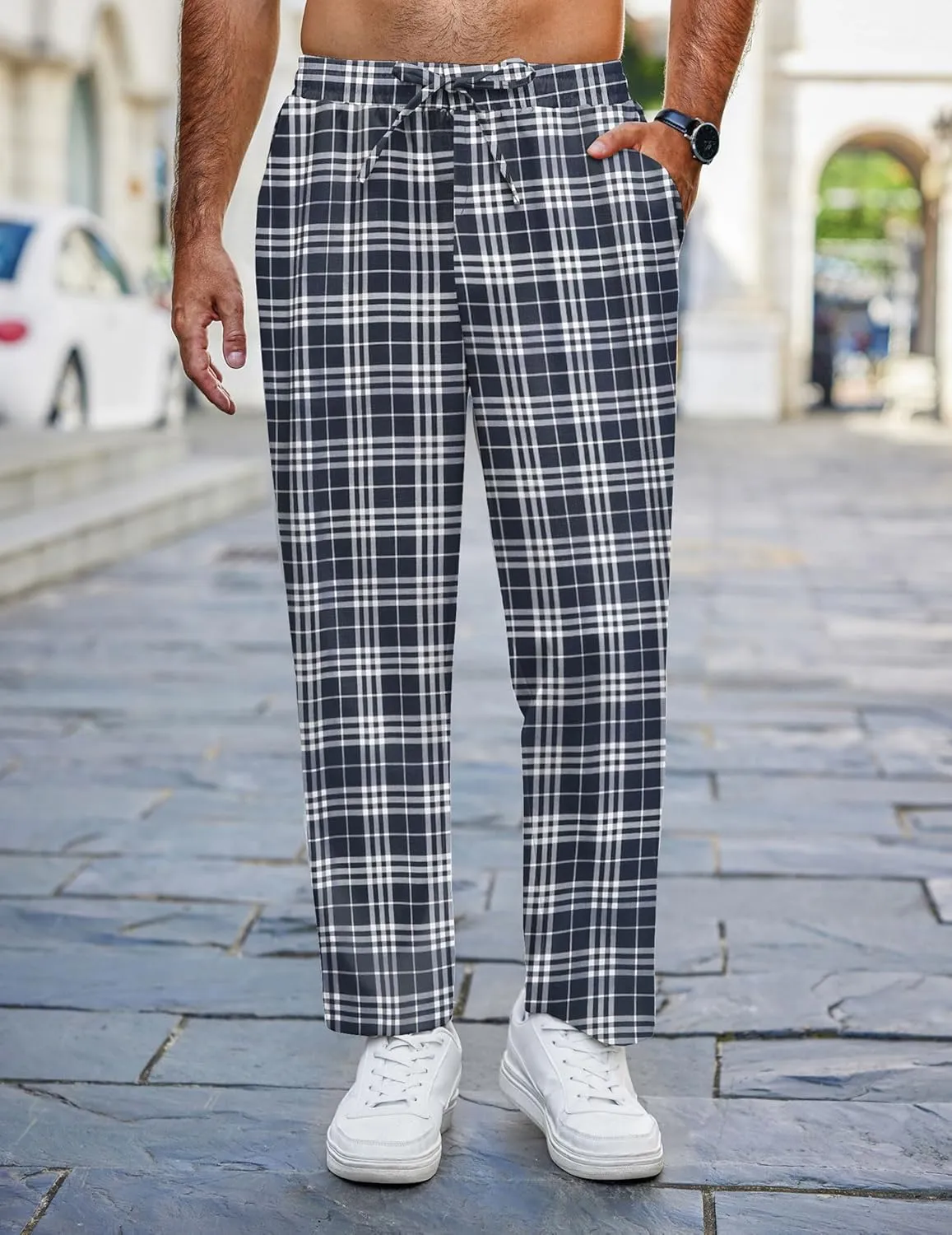 COOFANDY Mens Linen Casual Pants Lightweight Drawstring Beach Pants Elastic Waist Cropped Pants