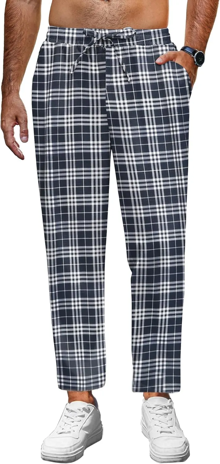 COOFANDY Mens Linen Casual Pants Lightweight Drawstring Beach Pants Elastic Waist Cropped Pants