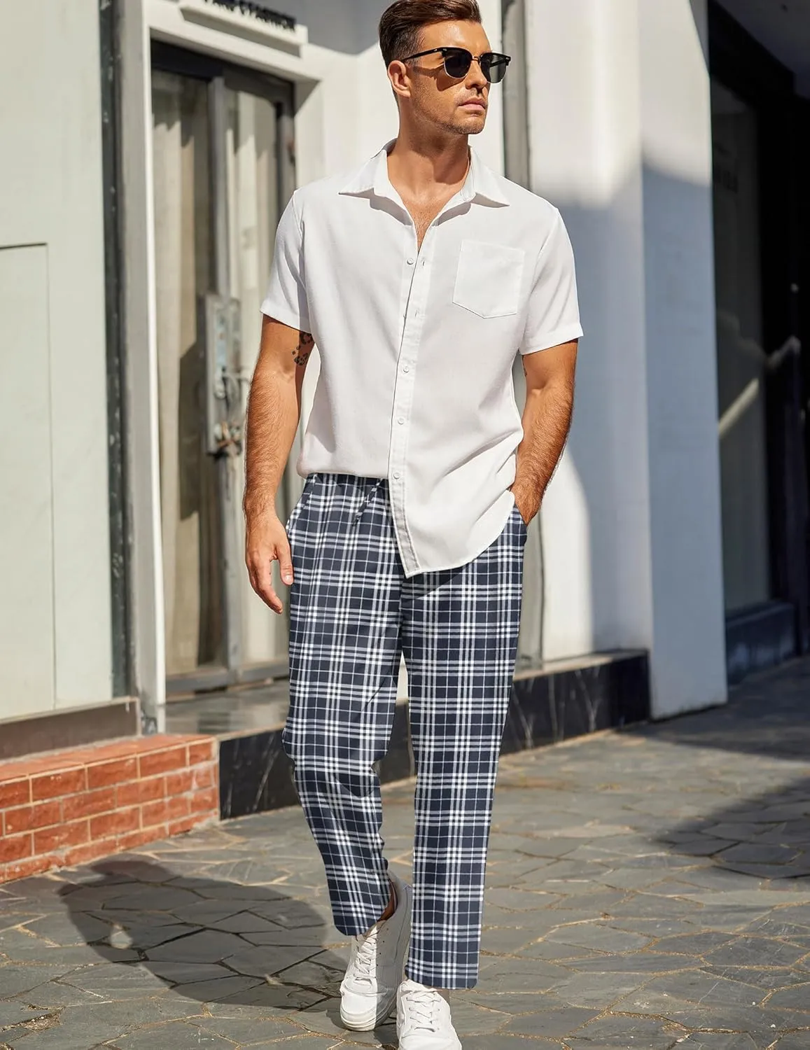 COOFANDY Mens Linen Casual Pants Lightweight Drawstring Beach Pants Elastic Waist Cropped Pants