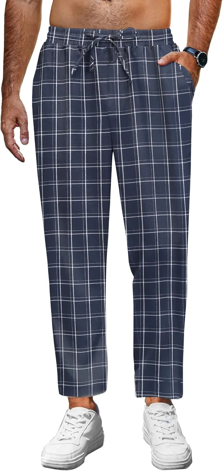 COOFANDY Mens Linen Casual Pants Lightweight Drawstring Beach Pants Elastic Waist Cropped Pants