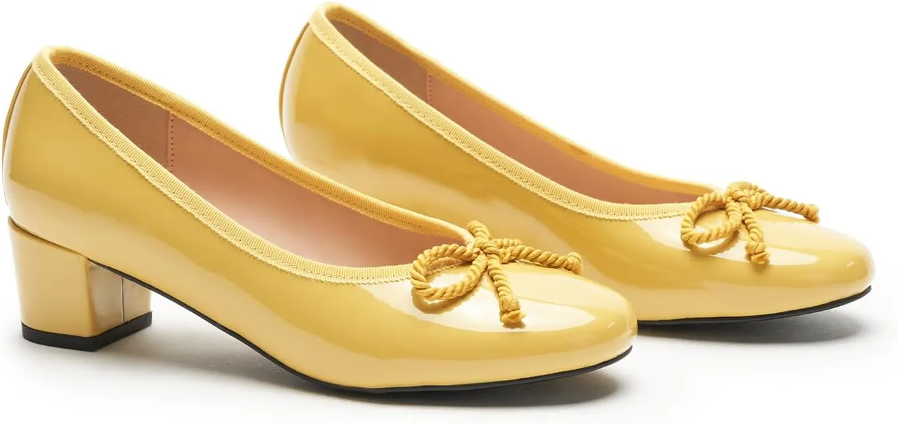 C.Paravano Women's Chunky Heel Ballet Pumps-Patent Leather Dress Shoes with Bowknots for Wedding & Office, Spring Date Nights, Business Casual