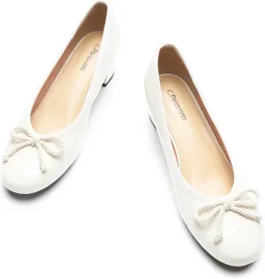 C.Paravano Women's Chunky Heel Ballet Pumps-Patent Leather Dress Shoes with Bowknots for Wedding & Office, Spring Date Nights, Business Casual