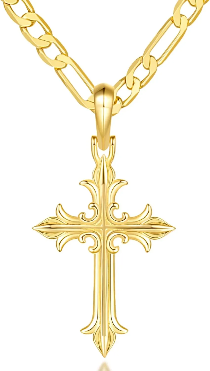 Cross Necklace 14K Gold Cross Necklaces for Men Gold Necklace Figaro Chain Pendant Necklaces 18/20/22/24/26in