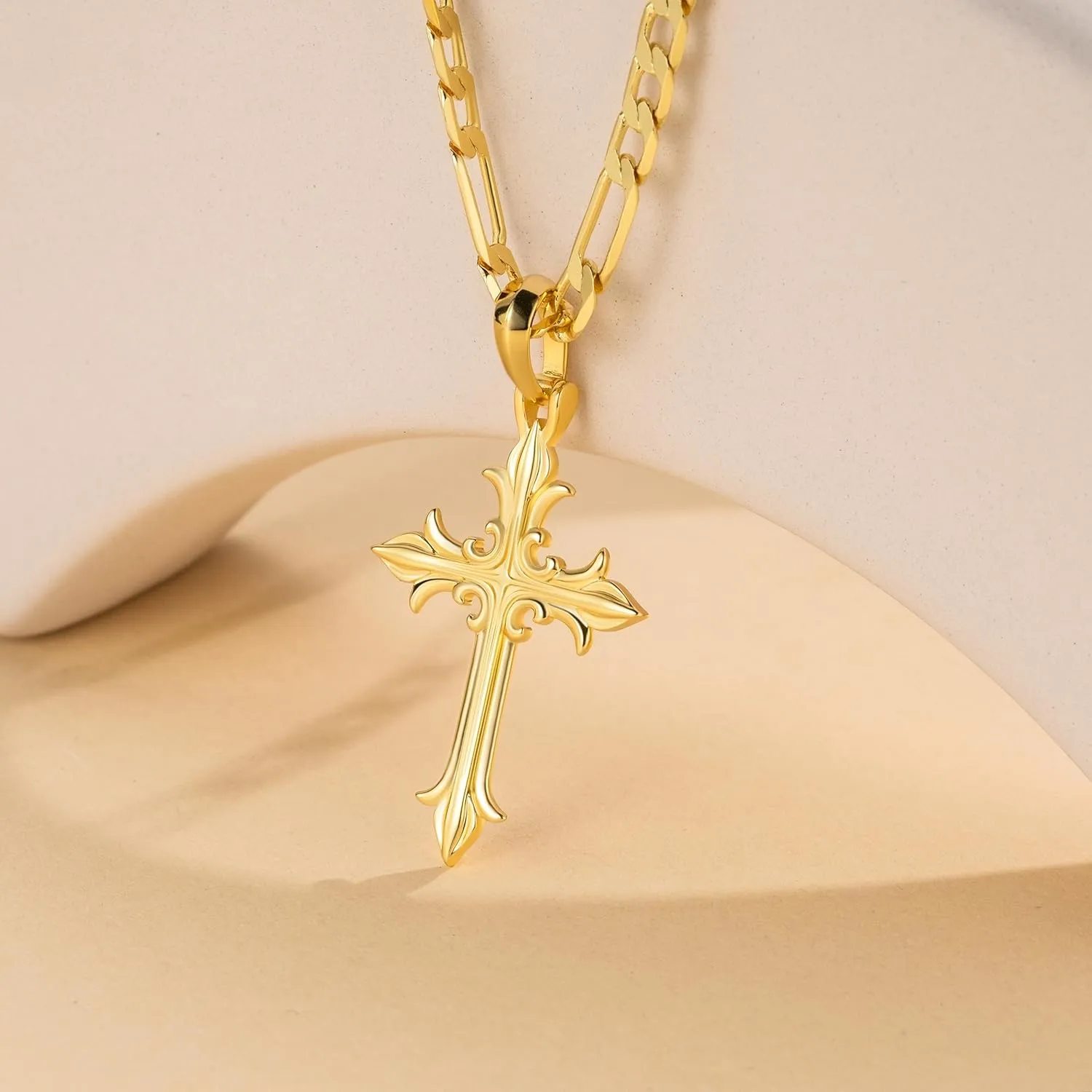 Cross Necklace 14K Gold Cross Necklaces for Men Gold Necklace Figaro Chain Pendant Necklaces 18/20/22/24/26in