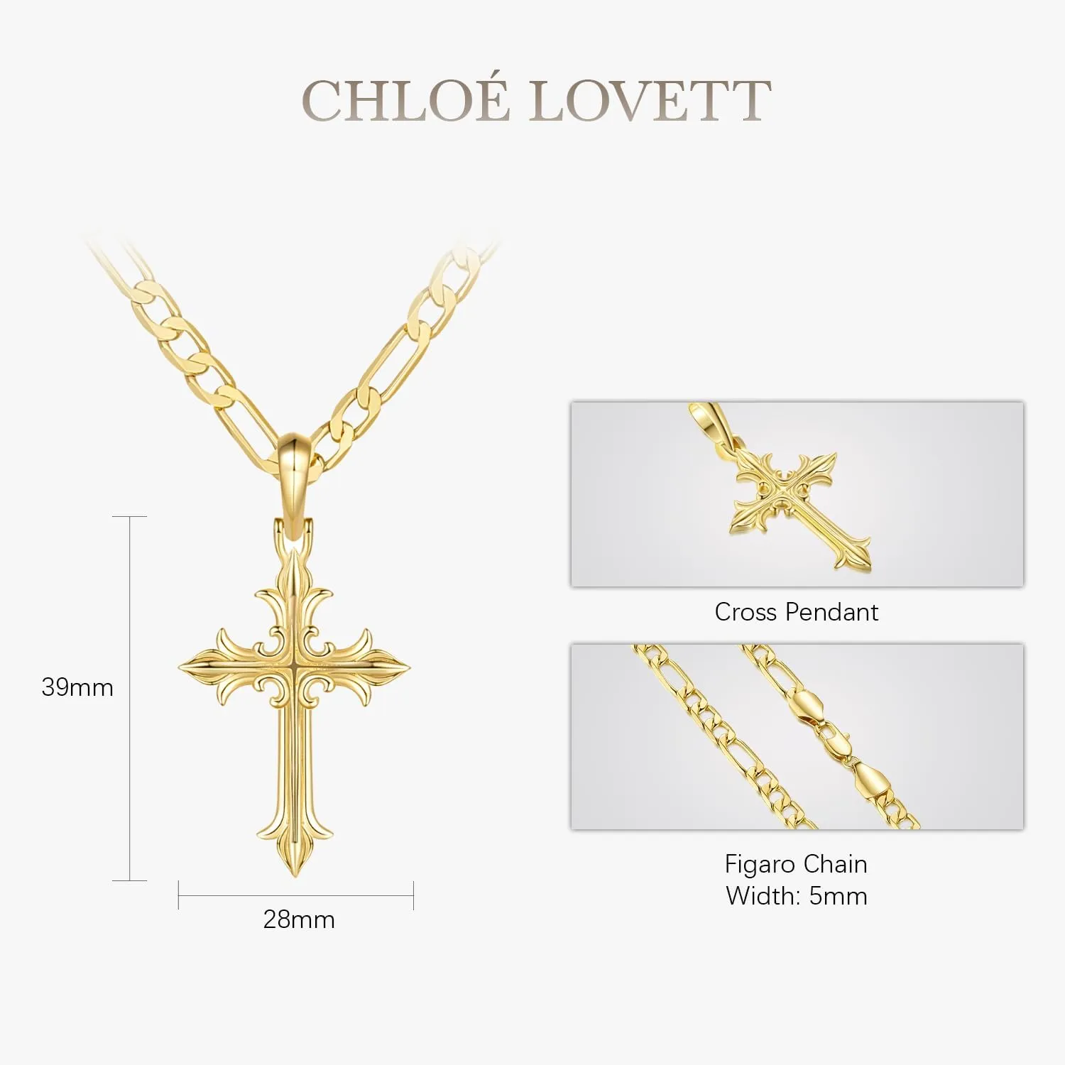 Cross Necklace 14K Gold Cross Necklaces for Men Gold Necklace Figaro Chain Pendant Necklaces 18/20/22/24/26in