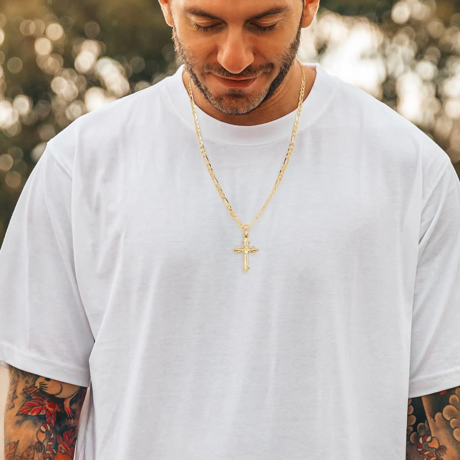 Cross Necklace 14K Gold Cross Necklaces for Men Gold Necklace Figaro Chain Pendant Necklaces 18/20/22/24/26in