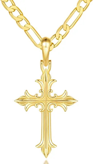 Cross Necklace 14K Gold Cross Necklaces for Men Gold Necklace Figaro Chain Pendant Necklaces 18/20/22/24/26in