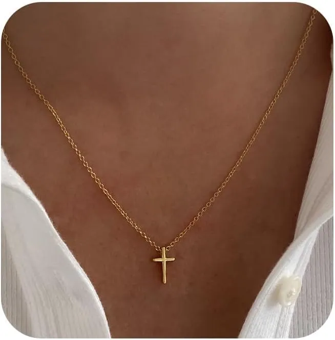 Cross Necklace for Women, Dainty 14K Gold Plated Cross Pendant Small Cross Choker Cute Gold Necklaces for Women Trendy Faith Jewelry