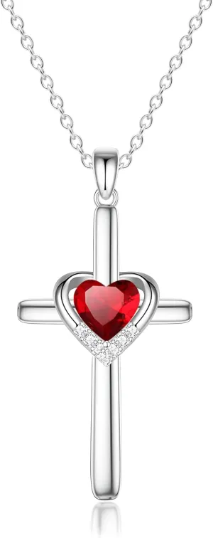 Cross Necklace with Genuine Heart Birthstone for Women, Love and Faith, Birthday Gifts for Her