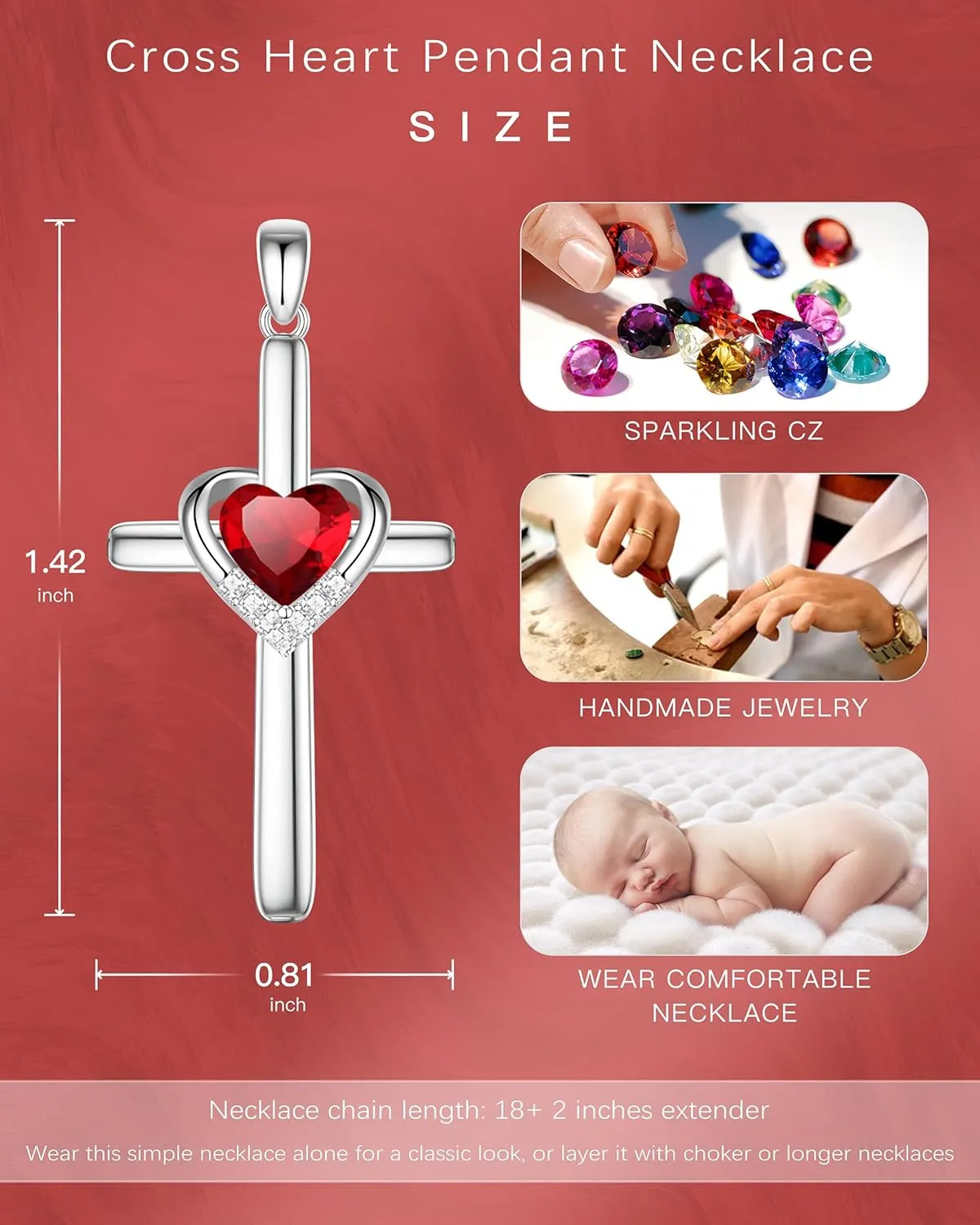 Cross Necklace with Genuine Heart Birthstone for Women, Love and Faith, Birthday Gifts for Her