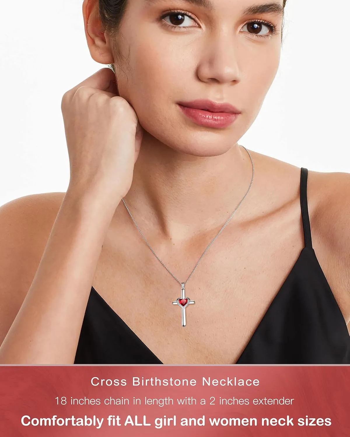 Cross Necklace with Genuine Heart Birthstone for Women, Love and Faith, Birthday Gifts for Her