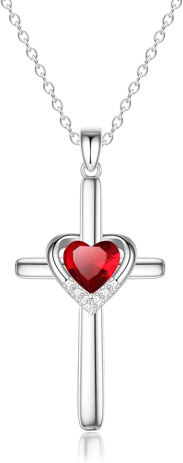 Cross Necklace with Genuine Heart Birthstone for Women, Love and Faith, Birthday Gifts for Her