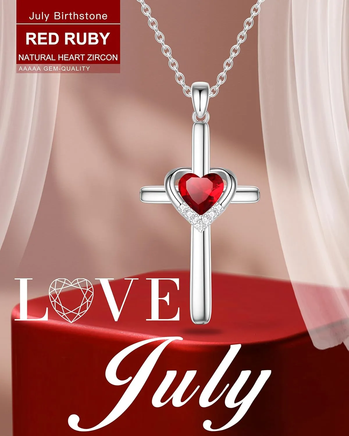 Cross Necklace with Genuine Heart Birthstone for Women, Love and Faith, Birthday Gifts for Her