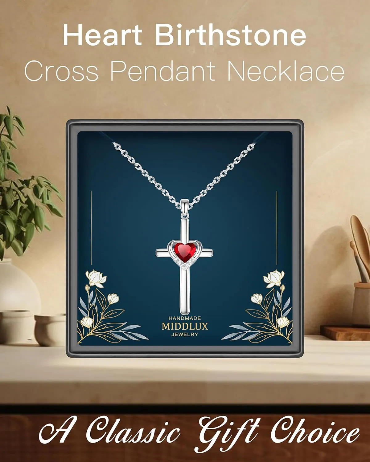 Cross Necklace with Genuine Heart Birthstone for Women, Love and Faith, Birthday Gifts for Her