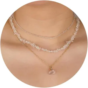 Crystal Stacked Necklaces for Women - Gem Beaded Choker Gold Layered Necklaces Charms Beach Women Jewelry Pendant Necklace