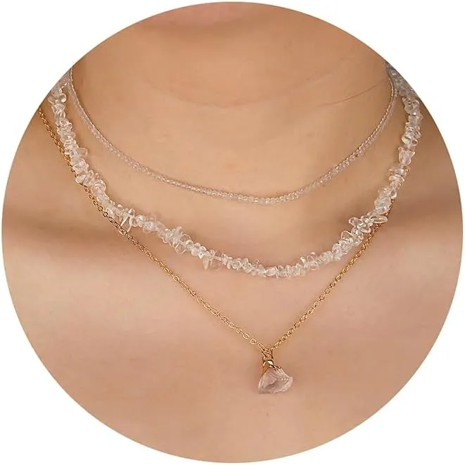 Crystal Stacked Necklaces for Women - Gem Beaded Choker Gold Layered Necklaces Charms Beach Women Jewelry Pendant Necklace