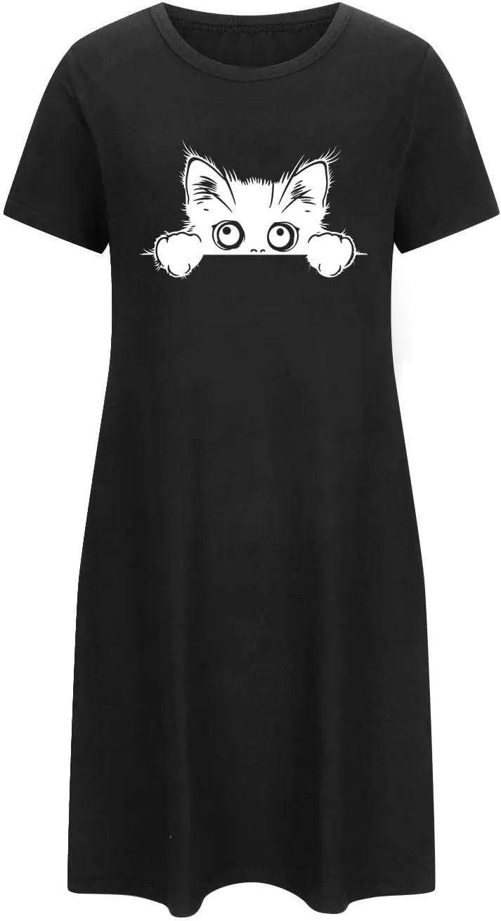 Cute Cat Print Nightgowns for Women Soft Comfy Night Shirts Short Sleeve Night Dress Casual Pajamas Soft Sleepwear