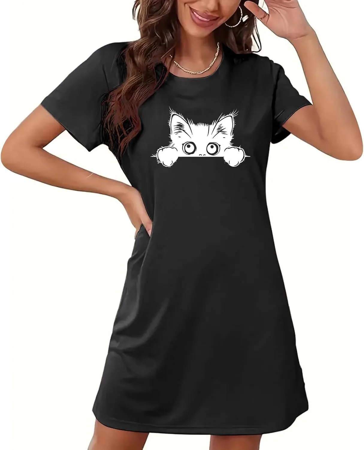 Cute Cat Print Nightgowns for Women Soft Comfy Night Shirts Short Sleeve Night Dress Casual Pajamas Soft Sleepwear