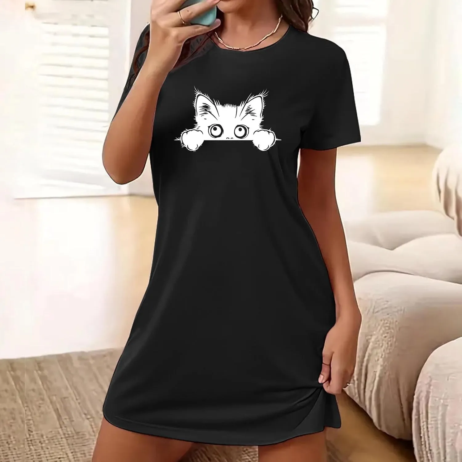 Cute Cat Print Nightgowns for Women Soft Comfy Night Shirts Short Sleeve Night Dress Casual Pajamas Soft Sleepwear