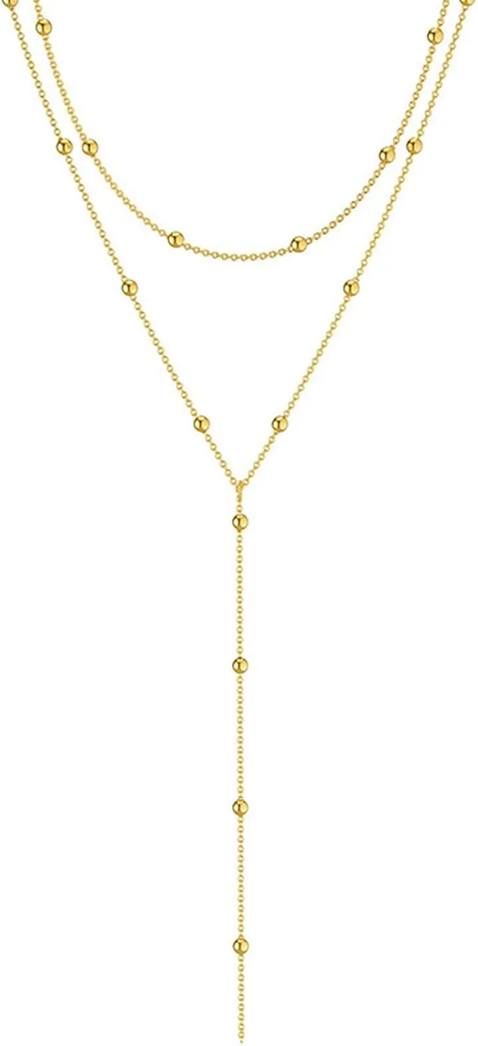 Dainty Long Gold Necklaces for Women,Trendy Lariat Y Necklace 14k Gold Plated Heart Pearl CZ Teardrop Pendant Simple Drop Jewelry for Women