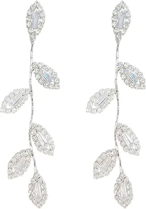 Dangling Earrings for Women Bridal Earrings for Wedding Rhinestone Wedding Prom Anniversary Delicate Leaf silver drop Earrings Long Earrings- Elegant Earrings