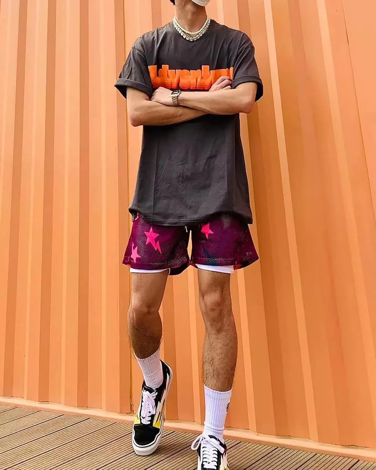 DIOTSR Mens Graphic Print Shorts Cool Mesh Basketball Shorts Casual Flat Front Shorts Summer Drawstring