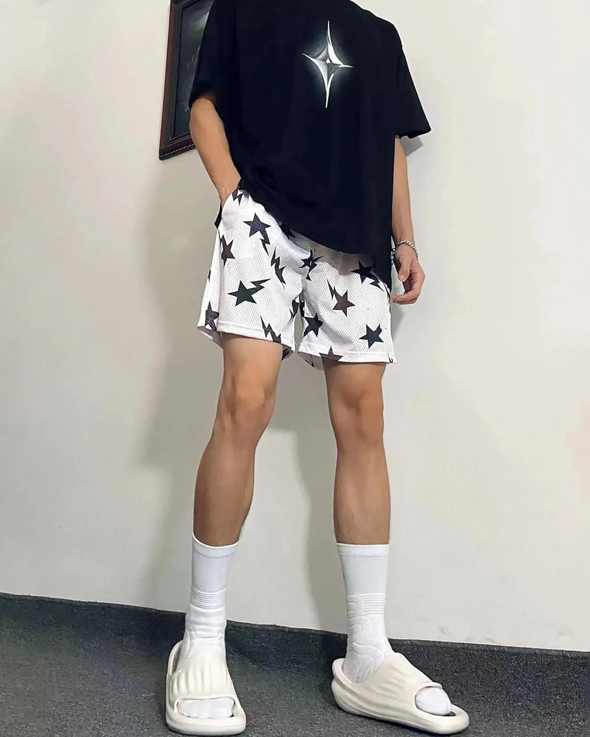 DIOTSR Mens Graphic Print Shorts Cool Mesh Basketball Shorts Casual Flat Front Shorts Summer Drawstring