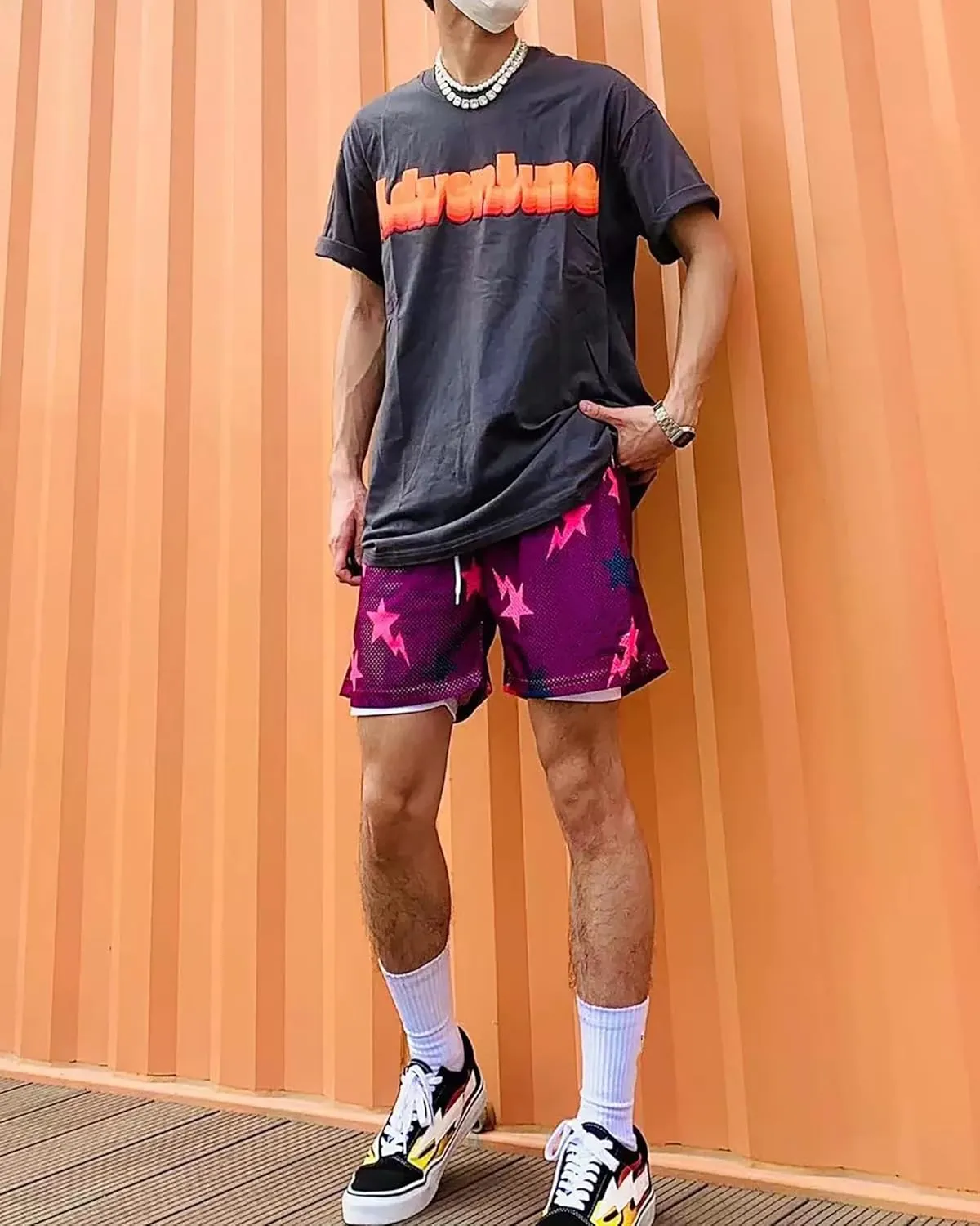 DIOTSR Mens Graphic Print Shorts Cool Mesh Basketball Shorts Casual Flat Front Shorts Summer Drawstring