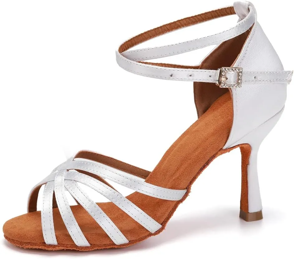 DKZSYIM Women's Satin Latin Dance Shoes Ballroom Salsa Performance Practice Dancing Shoes,Model LP-1213ZS