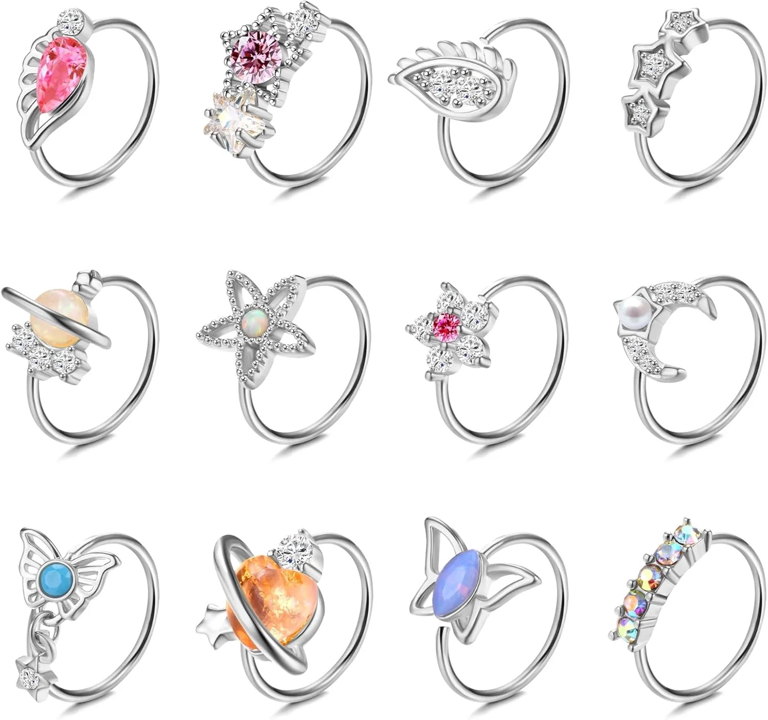 Dochais 12PCS Nose Rings Hoops Gold Nose Ring for Women 20G Dangle Nose Ring Butterfly Wing CZ Opal Cartilage Earrings Nose Piercing Jewelry