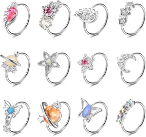 Dochais 12PCS Nose Rings Hoops Gold Nose Ring for Women 20G Dangle Nose Ring Butterfly Wing CZ Opal Cartilage Earrings Nose Piercing Jewelry