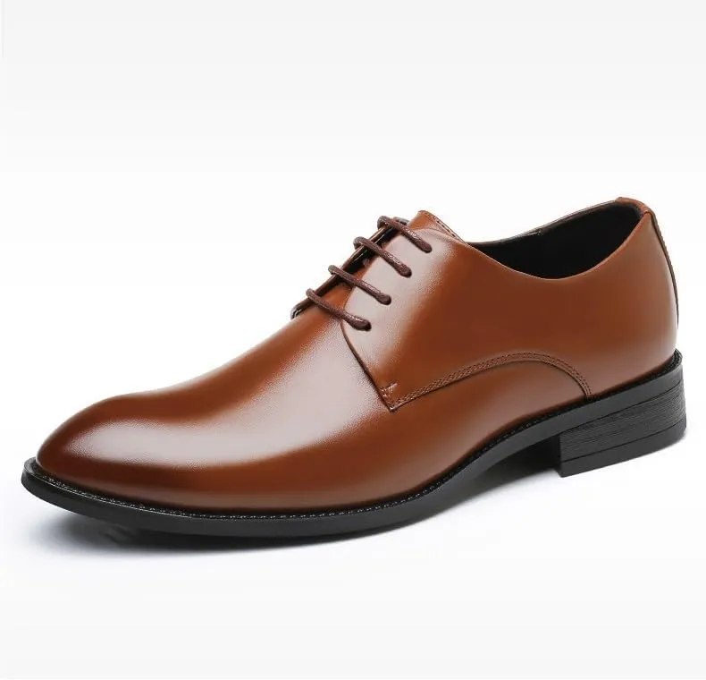 Dress Oxford Shoes for Men Lace Up Pointed Burnished Toe Vegan Leather Derby Shoes Anti-Slip Rubber Sole Slip Resistant Block Heel Low Top Wedding