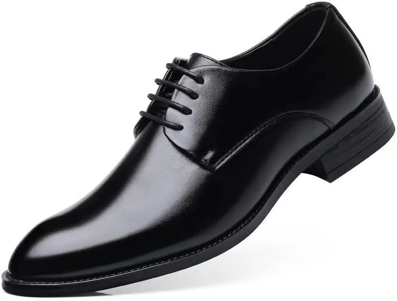 Dress Oxford Shoes for Men Lace Up Pointed Burnished Toe Vegan Leather Derby Shoes Anti-Slip Rubber Sole Slip Resistant Block Heel Low Top Wedding