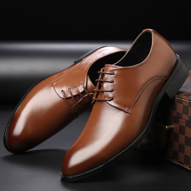 Dress Oxford Shoes for Men Lace Up Pointed Burnished Toe Vegan Leather Derby Shoes Anti-Slip Rubber Sole Slip Resistant Block Heel Low Top Wedding