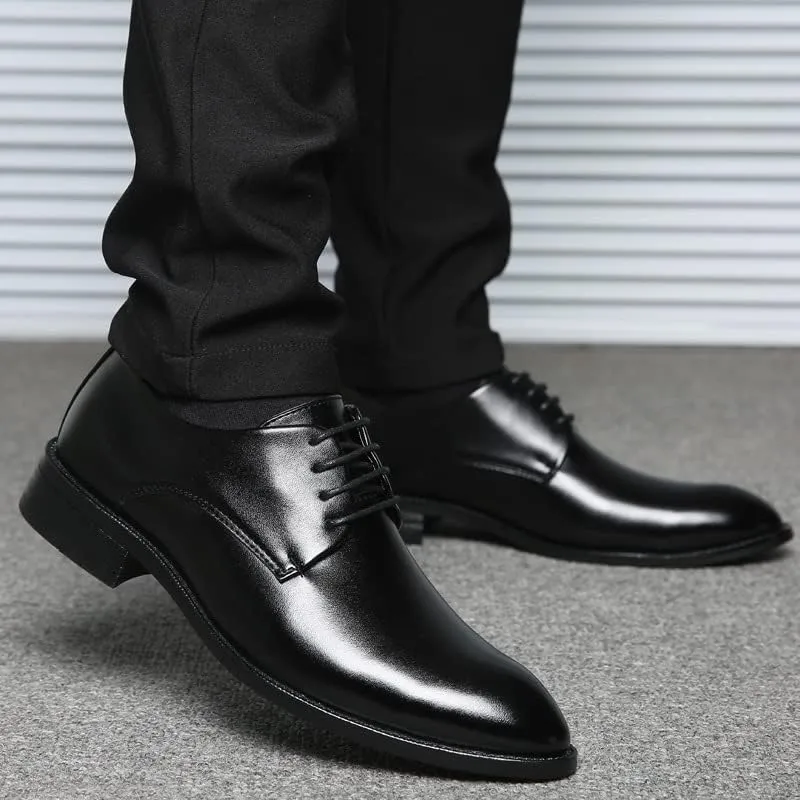 Dress Oxford Shoes for Men Lace Up Pointed Burnished Toe Vegan Leather Derby Shoes Anti-Slip Rubber Sole Slip Resistant Block Heel Low Top Wedding