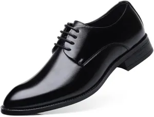 Dress Oxford Shoes for Men Lace Up Pointed Burnished Toe Vegan Leather Derby Shoes Anti-Slip Rubber Sole Slip Resistant Block Heel Low Top Wedding