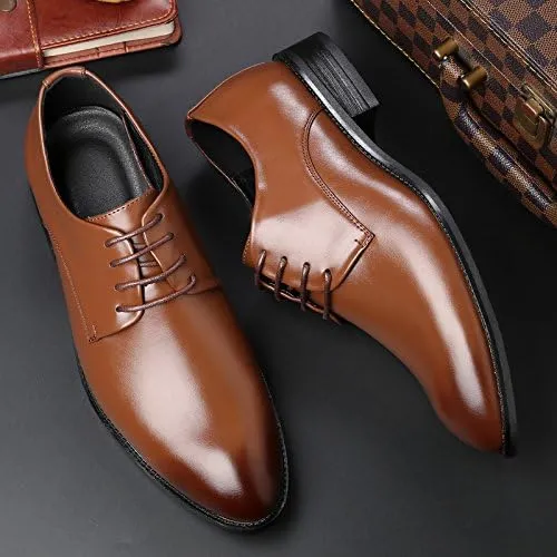 Dress Oxford Shoes for Men Lace Up Pointed Burnished Toe Vegan Leather Derby Shoes Anti-Slip Rubber Sole Slip Resistant Block Heel Low Top Wedding