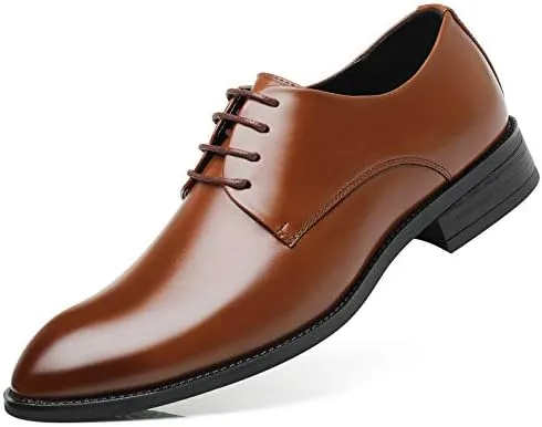 Dress Oxford Shoes for Men Lace Up Pointed Burnished Toe Vegan Leather Derby Shoes Anti-Slip Rubber Sole Slip Resistant Block Heel Low Top Wedding
