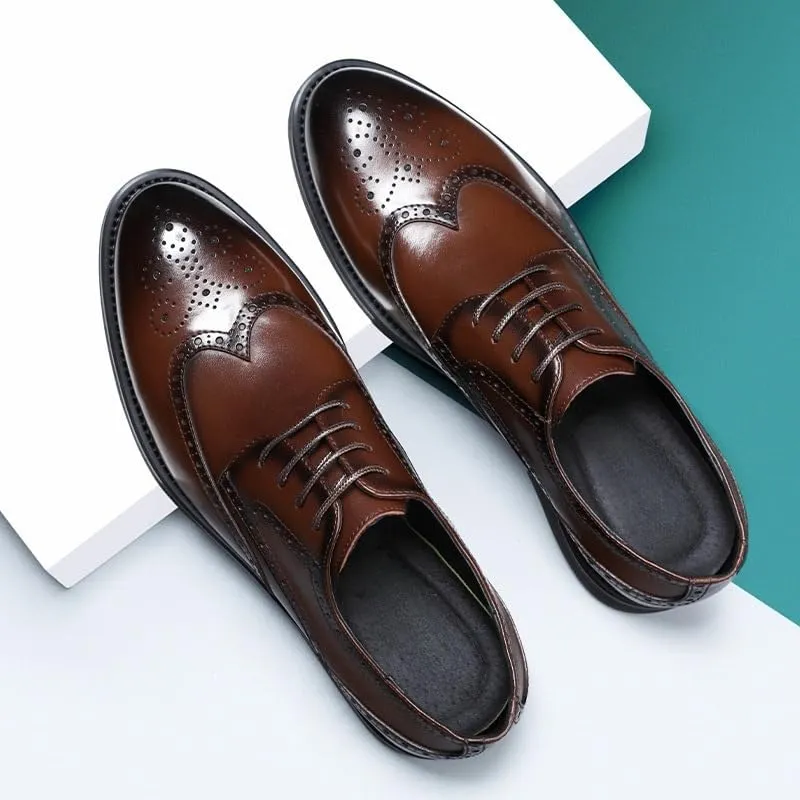 Dress Oxford Shoes for Men Lace Up Round Burnished Toe Brogue Embossed Wing tip Vegan Leather Low Top Non Slip Resistant Block Heel Rubber Sole