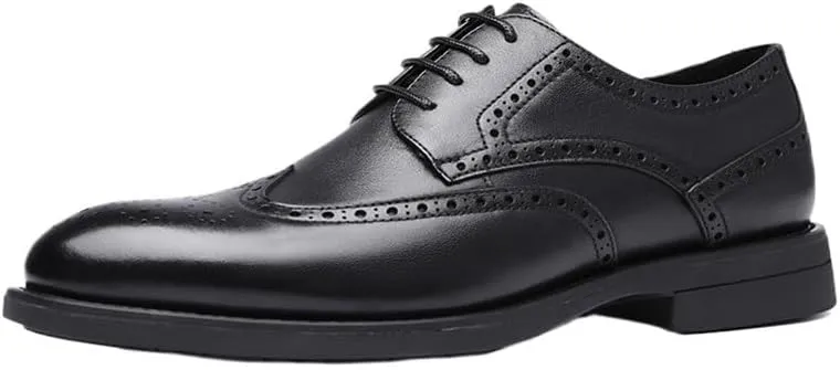 Dress Oxford Shoes for Men Lace Up Round Burnished Toe Brogue Embossed Wing tip Vegan Leather Low Top Non Slip Resistant Block Heel Rubber Sole