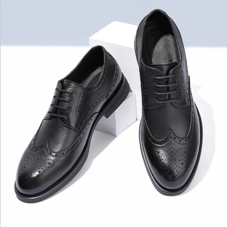 Dress Oxford Shoes for Men Lace Up Round Burnished Toe Brogue Embossed Wing tip Vegan Leather Low Top Non Slip Resistant Block Heel Rubber Sole