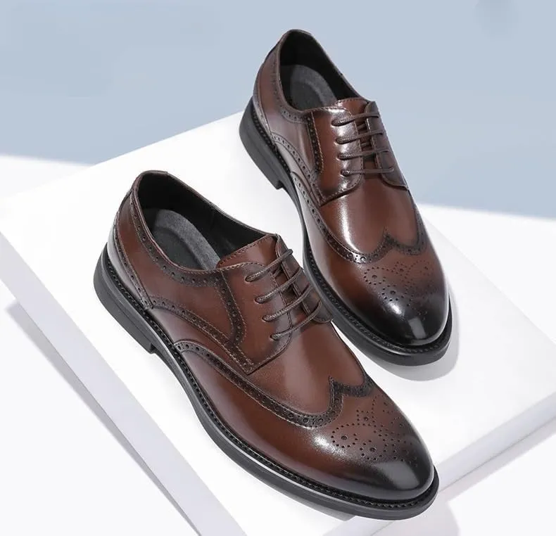 Dress Oxford Shoes for Men Lace Up Round Burnished Toe Brogue Embossed Wing tip Vegan Leather Low Top Non Slip Resistant Block Heel Rubber Sole