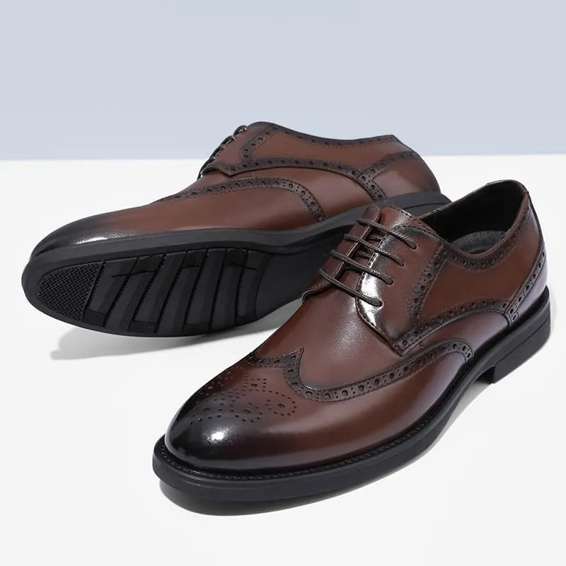 Dress Oxford Shoes for Men Lace Up Round Burnished Toe Brogue Embossed Wing tip Vegan Leather Low Top Non Slip Resistant Block Heel Rubber Sole