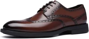 Dress Oxford Shoes for Men Lace Up Round Burnished Toe Brogue Embossed Wing tip Vegan Leather Low Top Non Slip Resistant Block Heel Rubber Sole