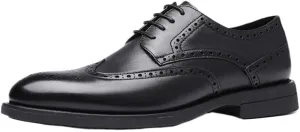 Dress Oxford Shoes for Men Lace Up Round Burnished Toe Brogue Embossed Wing tip Vegan Leather Low Top Non Slip Resistant Block Heel Rubber Sole