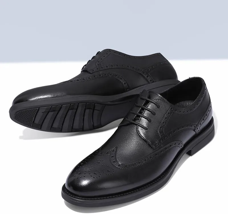 Dress Oxford Shoes for Men Lace Up Round Burnished Toe Brogue Embossed Wing tip Vegan Leather Low Top Non Slip Resistant Block Heel Rubber Sole